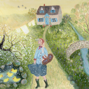 hand painted gouache painting of a cottagecore spring picture. A girl breathing fresh spring air, the birds flying in the sky, the ducks bathing at the pond, the sheets drying in the breeze.